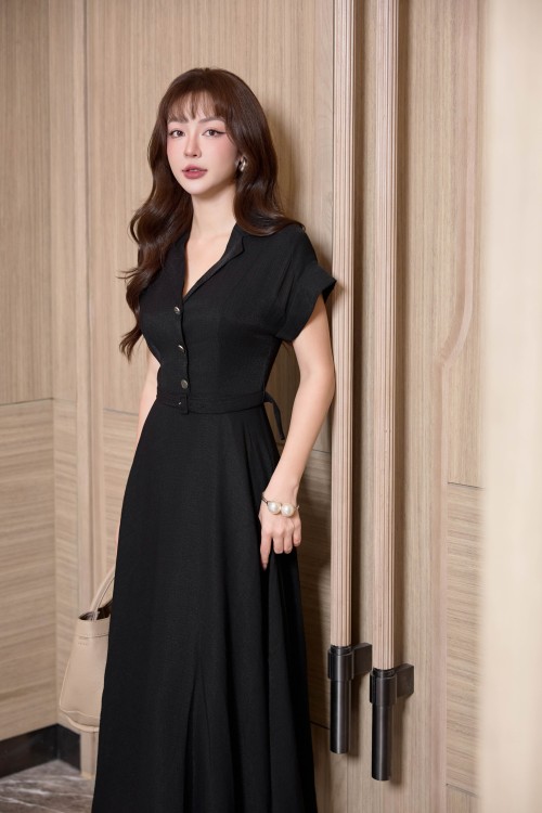 Sixdo Black Woven Flared Dress